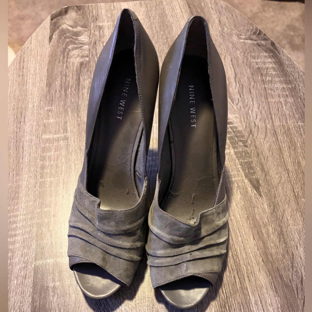 Nine West Grey Suede Peep-Toe Heels